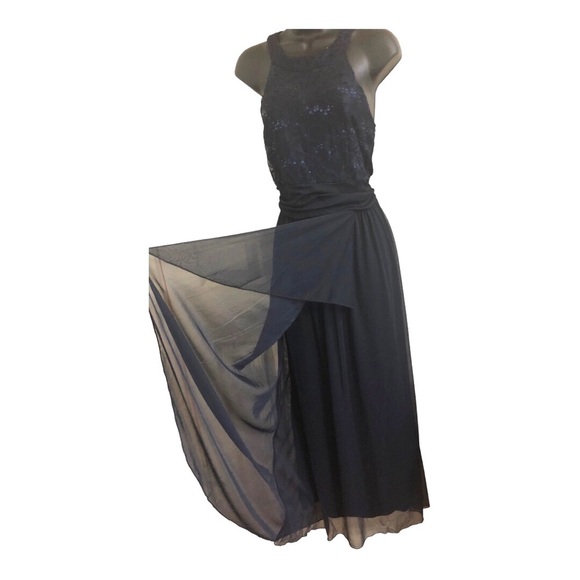 Dark blue sequin halter sheer chiffon faux wrap maxi evening dress gown size 10 - Picture 8 of 15